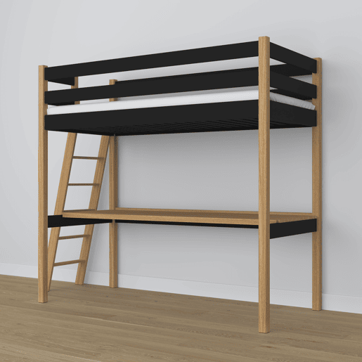 Cama alta de madeira com secretária N02 preto e carvalho