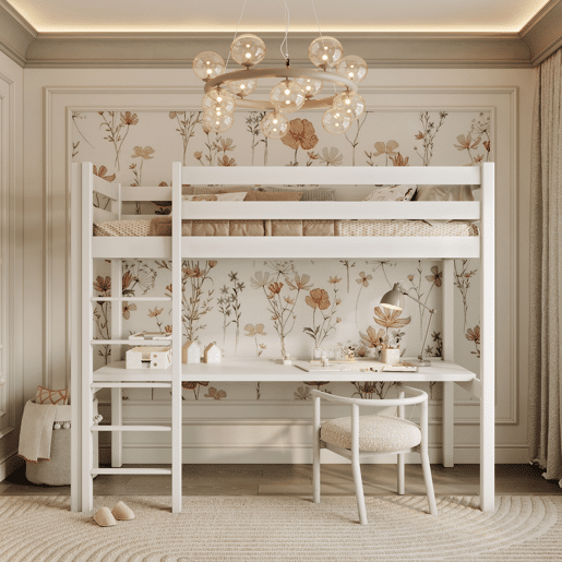 Cama alta de madeira com secretária N05 branco