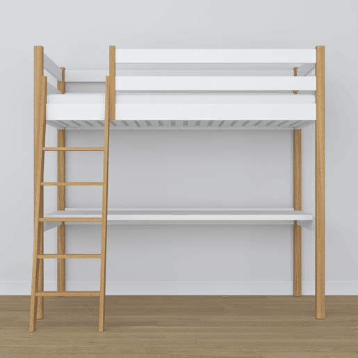 Cama alta de madeira com secretária N03 branco e carvalho
