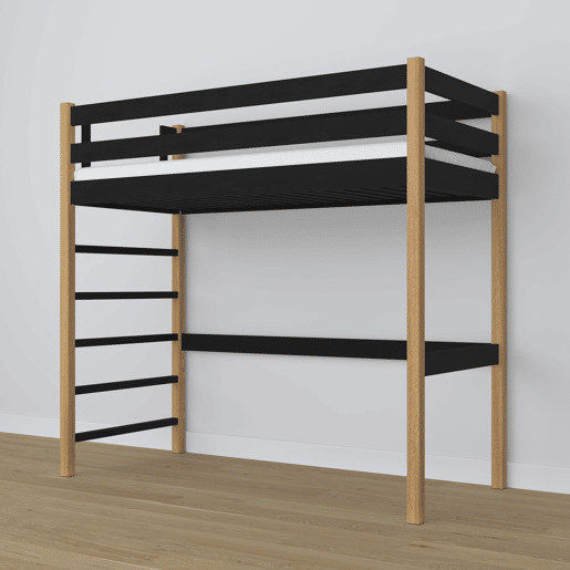 Cama alta de madeira N01 preto e carvalho