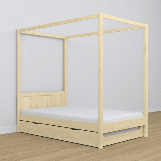 Cama individual de madeira com dossel e gaveta para colchão extra N02 pinho incolor