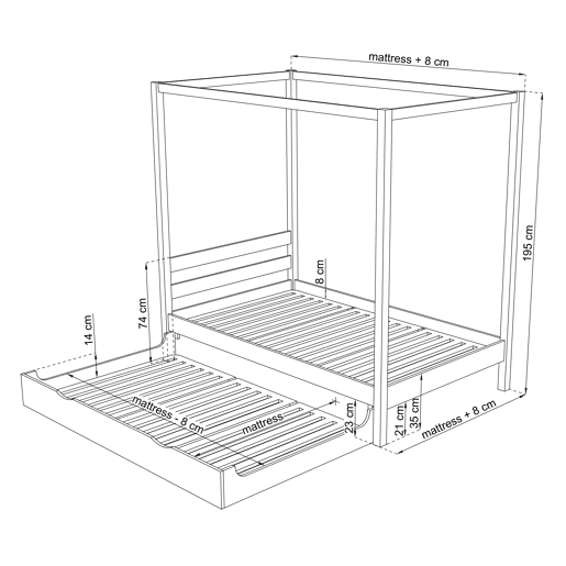 Cama individual de madeira com dossel e gaveta para colchão extra N02 branco