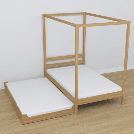 Cama individual de carvalho com dossel e gaveta para colchão adicional N01 carvalho natural