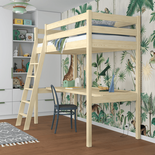 Cama alta de madeira com secretária N03 pinho incolor