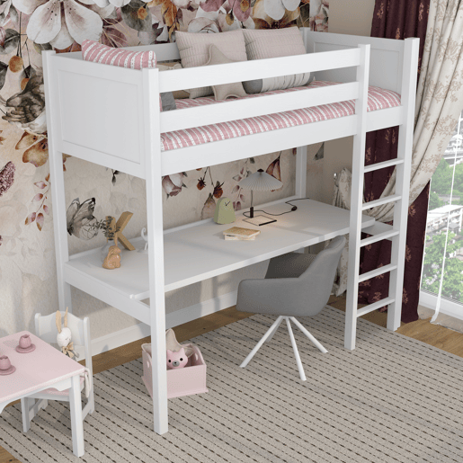 Cama alta de madeira com secretária N06 branco