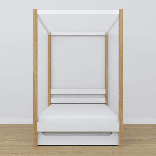 Cama individual de madeira com dossel e gaveta para colchão extra N01 branco e carvalho