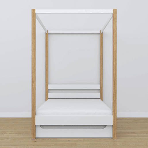 Cama individual de madeira com dossel e gaveta para colchão extra N01 branco e carvalho