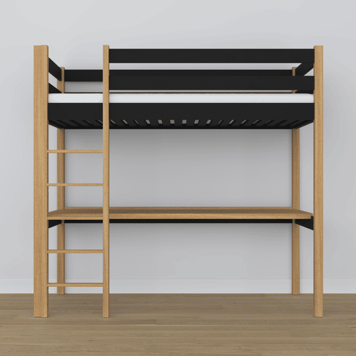 Cama alta de madeira com secretária N05 preto e carvalho