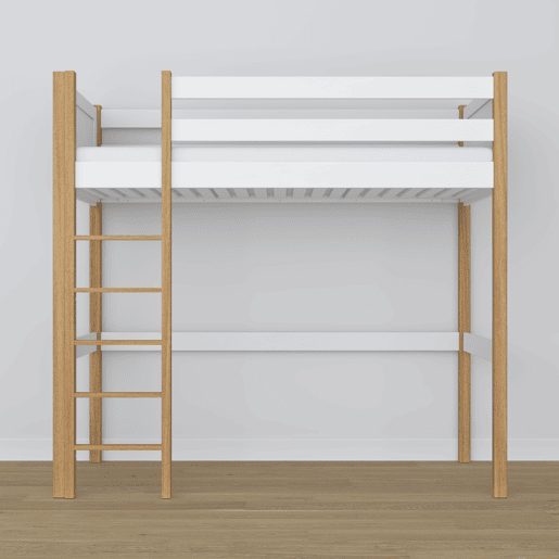 Cama alta de madeira N06 branco e carvalho