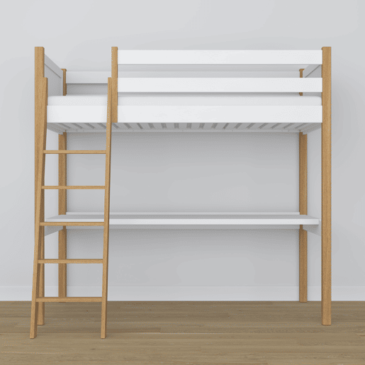 Cama alta de madeira com secretária N04 branco e carvalho