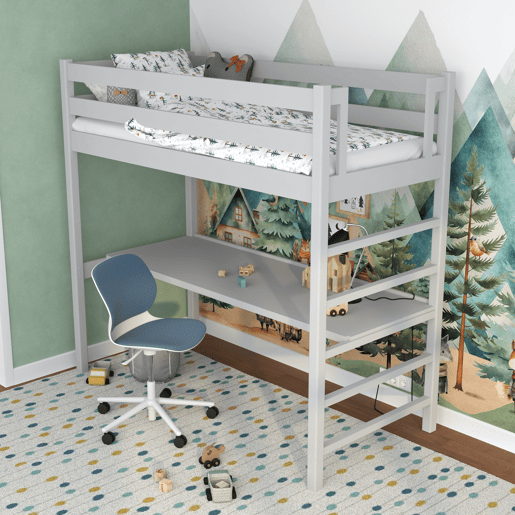 Cama alta de madeira com secretária N01 cinza