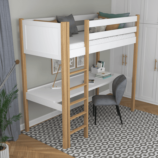 Cama alta de madeira com secretária N06 branco e carvalho Cama alta de madeira com secretária N06 branco e carvalho