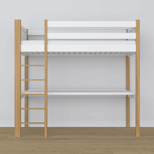 Cama alta de madeira com secretária N06 branco e carvalho Cama alta de madeira com secretária N06 branco e carvalho