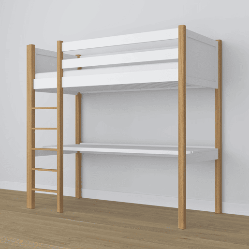 Cama alta de madeira com secretária N06 branco e carvalho Cama alta de madeira com secretária N06 branco e carvalho
