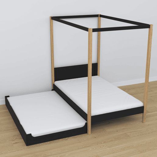Cama individual de madeira com dossel e gaveta para colchão extra N02 preto e carvalho