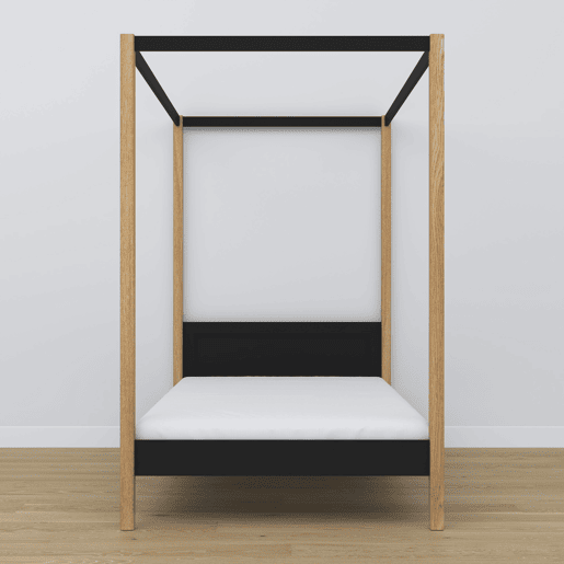 Cama individual de madeira com dossel N02 preto e carvalho