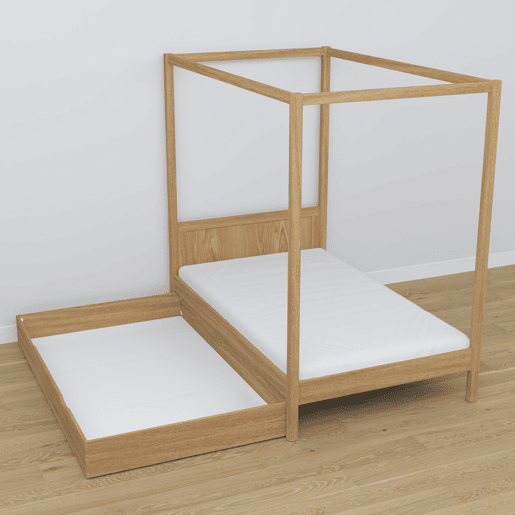 Cama individual de carvalho com dossel e gaveta N02 carvalho natural