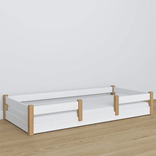 Cama baixa de madeira N01 branco e carvalho