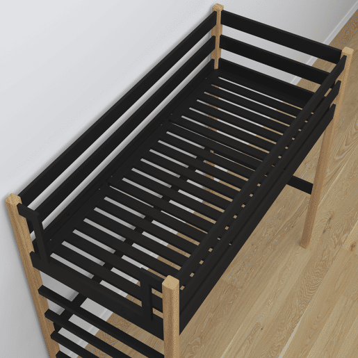 Cama alta de madeira N01 preto e carvalho