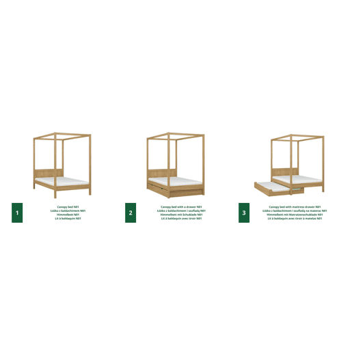 Cama individual de carvalho com dossel e gaveta para colchão adicional N02 carvalho natural