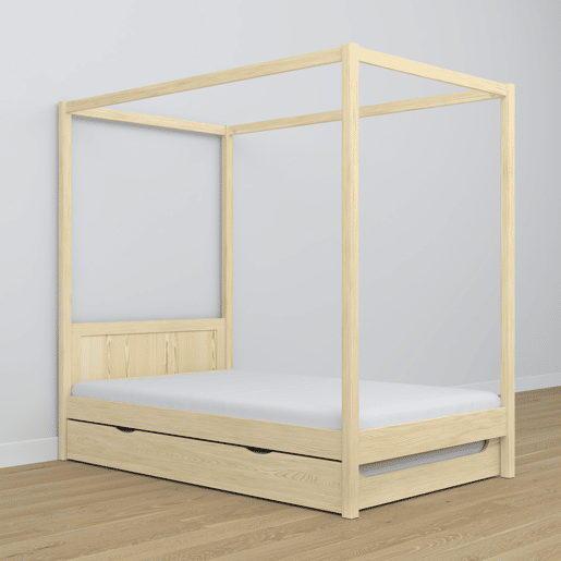 Cama individual de madeira com dossel e gaveta para colchão extra N02 pinho incolor