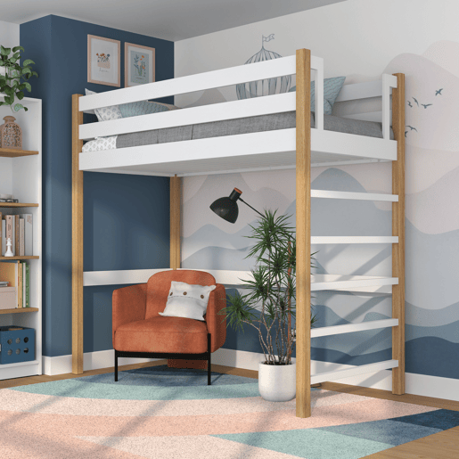 Cama alta de madeira N01 branco e carvalho