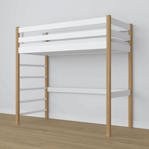 Cama alta de madeira N01 branco e carvalho