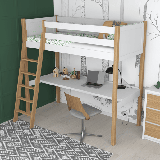 Cama alta de madeira com secretária N04 branco e carvalho Cama alta de madeira com secretária N04 branco e carvalho
