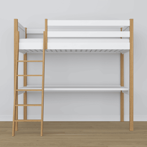 Cama alta de madeira com secretária N04 branco e carvalho Cama alta de madeira com secretária N04 branco e carvalho