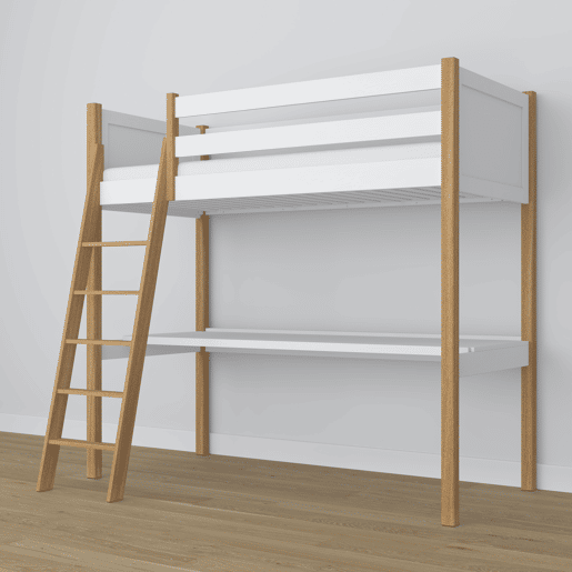 Cama alta de madeira com secretária N04 branco e carvalho Cama alta de madeira com secretária N04 branco e carvalho