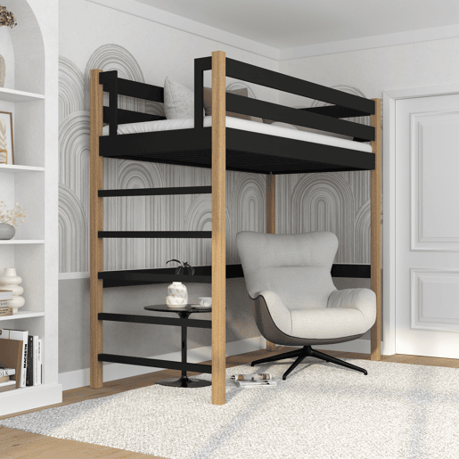 Cama alta de madeira N01 preto e carvalho