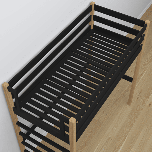 Cama alta de madeira N01 preto e carvalho