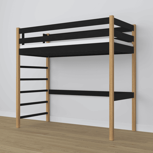 Cama alta de madeira N01 preto e carvalho