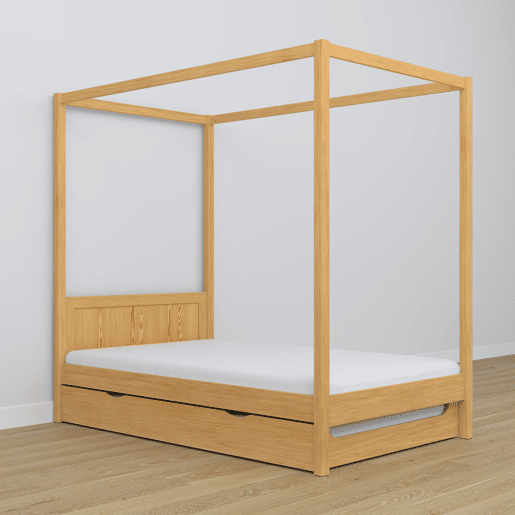 Cama individual de madeira com dossel e gaveta para colchão extra N02 pinho natural
