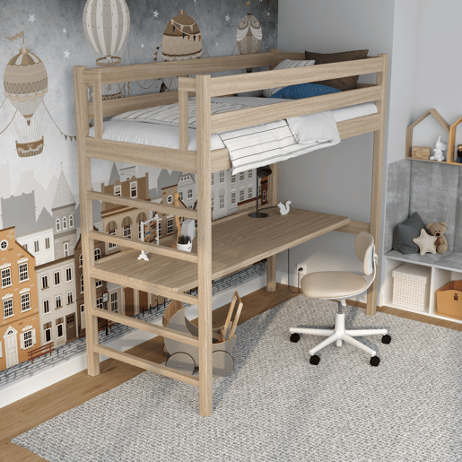 Cama mezzanine de carvalho com secretária N01 carvalho branqueado