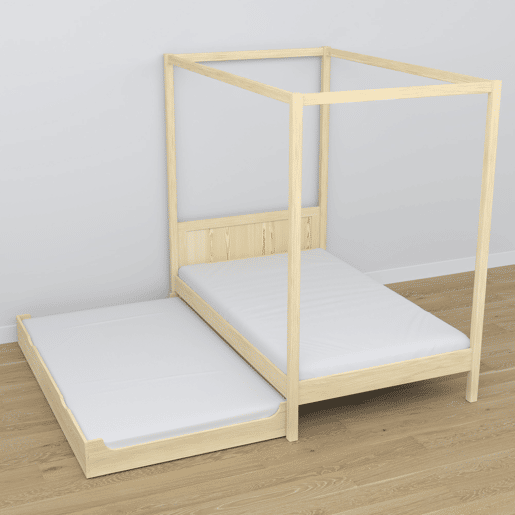 Cama individual de madeira com dossel e gaveta para colchão extra N02 pinho incolor