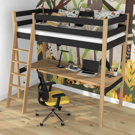 Cama alta de madeira com secretária N03 preto e carvalho
