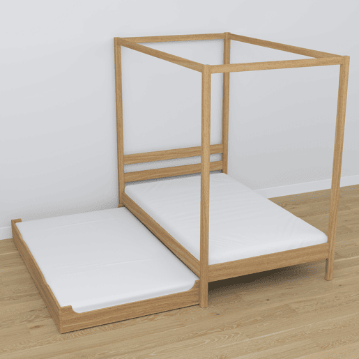 Cama individual de carvalho com dossel e gaveta para colchão adicional N01 carvalho natural