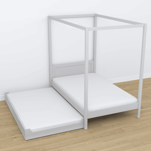 Cama individual de madeira com dossel e gaveta para colchão extra N02 cinza