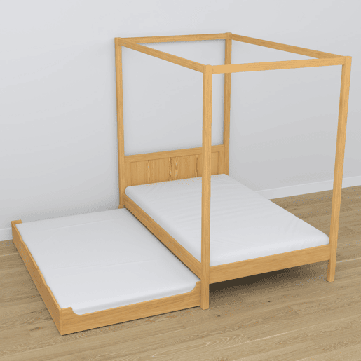 Cama individual de madeira com dossel e gaveta para colchão extra N02 pinho natural