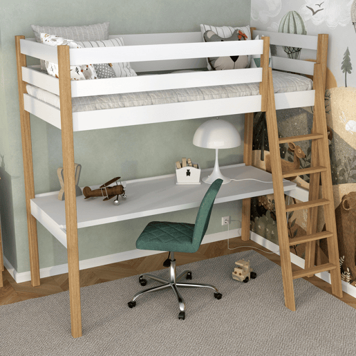 Cama alta de madeira com secretária N03 branco e carvalho Cama alta de madeira com secretária N03 branco e carvalho