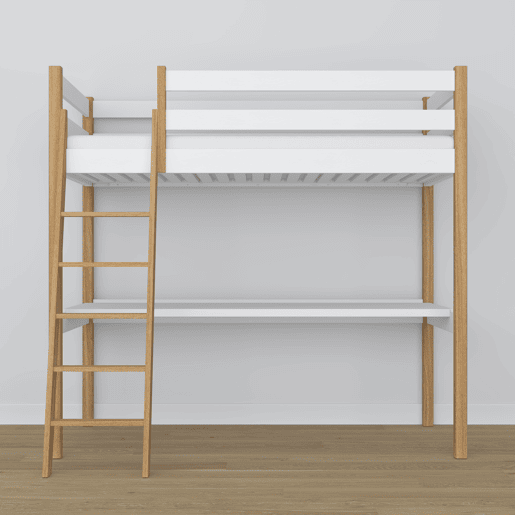 Cama alta de madeira com secretária N03 branco e carvalho Cama alta de madeira com secretária N03 branco e carvalho