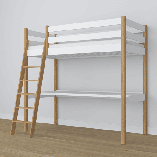 Cama alta de madeira com secretária N03 branco e carvalho Cama alta de madeira com secretária N03 branco e carvalho
