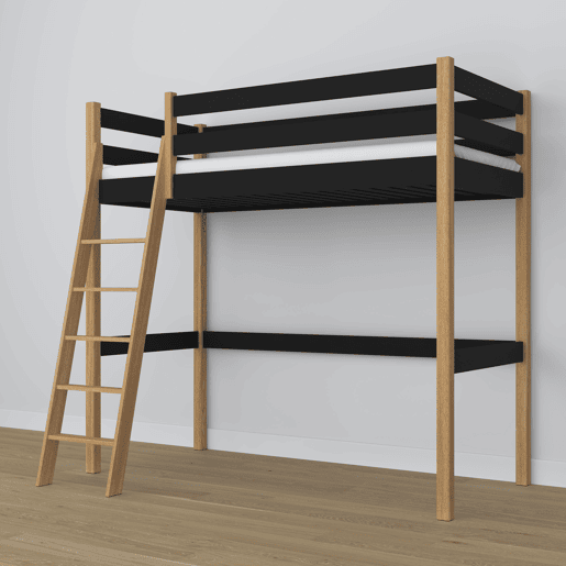 Cama alta de madeira N03 preto e carvalho