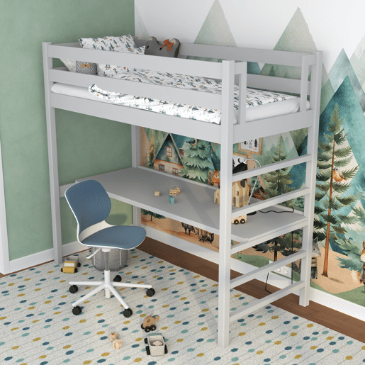 Cama alta de madeira com secretária N01 cinza