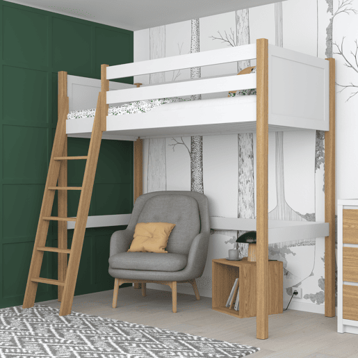 Cama alta de madeira N04 branco e carvalho Cama alta de madeira N04 branco e carvalho