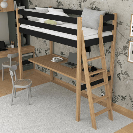 Cama alta de madeira com secretária N02 preto e carvalho