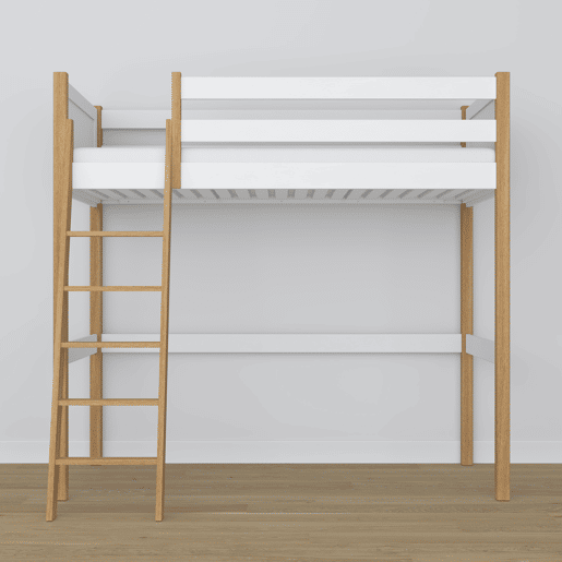 Cama alta de madeira N04 branco e carvalho