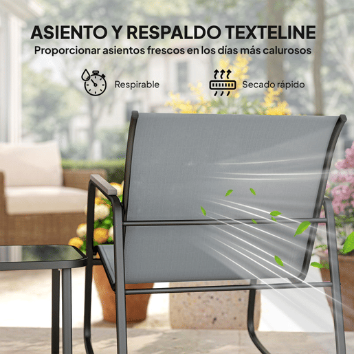Outsunny Conjunto de Mesa e Cadeiras de Terraço Exterior de 3 Peças, Móveis de Jardim com 2 Cadeiras de Balanço Mesa com Tampo de Vidro e Estrutura de Aço para Varanda ou Pátio Cinza