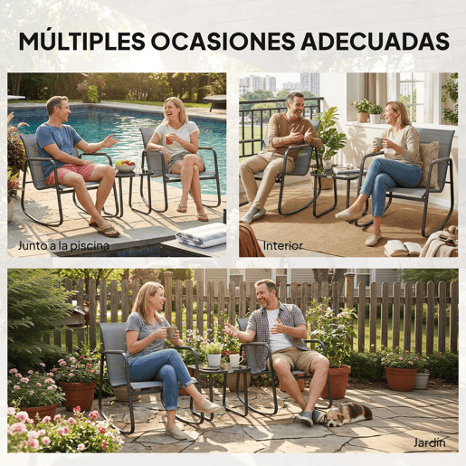 Outsunny Conjunto de Mesa e Cadeiras de Terraço Exterior de 3 Peças, Móveis de Jardim com 2 Cadeiras de Balanço Mesa com Tampo de Vidro e Estrutura de Aço para Varanda ou Pátio Cinza